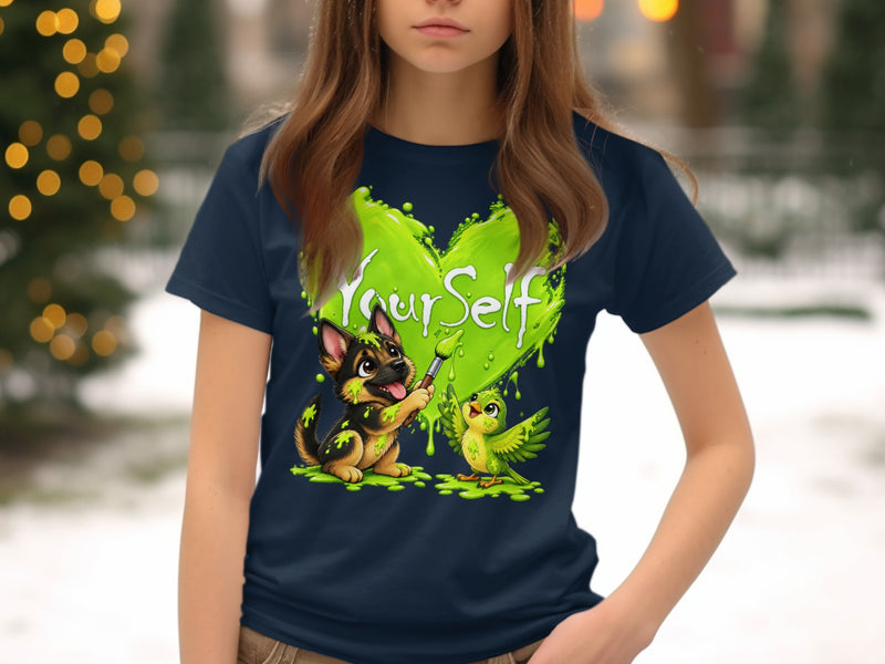 Load image into Gallery viewer, German Shepherd puppy and bird paint "Your Self" on a green heart.
