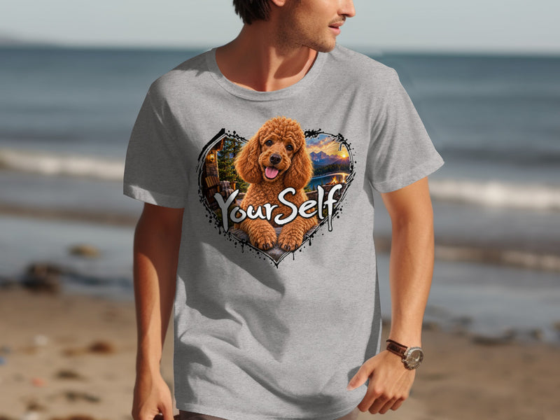 Load image into Gallery viewer, Grey t-shirt with a poodle inside a heart-shaped scenic landscape and the text "Yourself".
