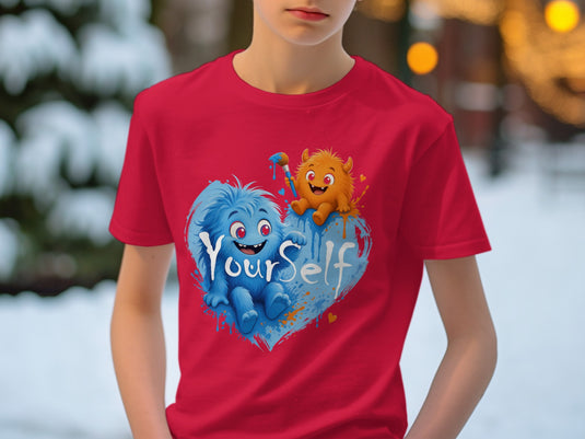 Red t-shirt with blue and orange fuzzy monsters on a heart with text 