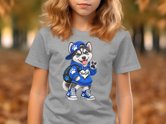 Husky wearing a blue hoodie with "YourSelf" on it, a baseball cap, and sneakers.