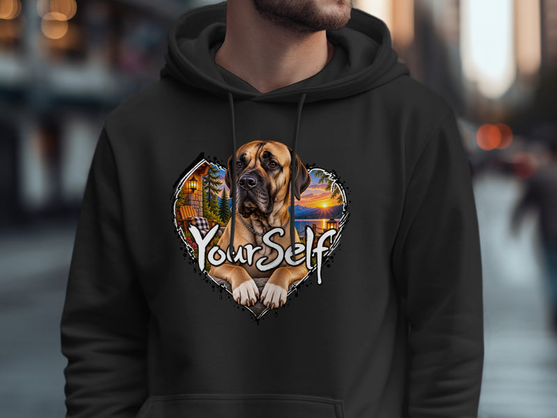 Load image into Gallery viewer, Mastiff dog and scenic landscape within heart graphic with "Your Self" text on hoodie.
