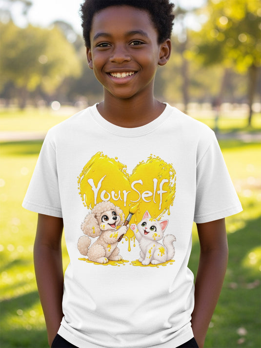 White t-shirt with yellow heart, poodle painting, and cat, reads "YourSelf".