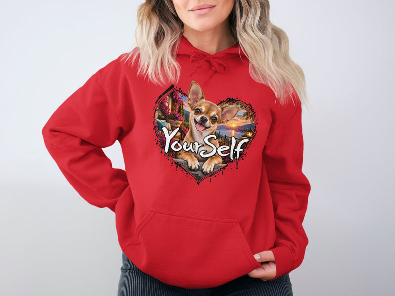 Load image into Gallery viewer, Red hoodie with a heart-shaped graphic of a smiling chihuahua and "Your Self" text.
