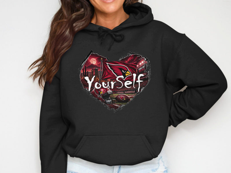 Load image into Gallery viewer, Black hoodie with Arizona Cardinals heart graphic and "Yourself" text.
