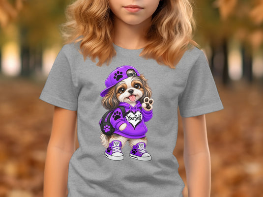 Shih Tzu dog wearing purple outfit with "YourSelf" text on hoodie.
